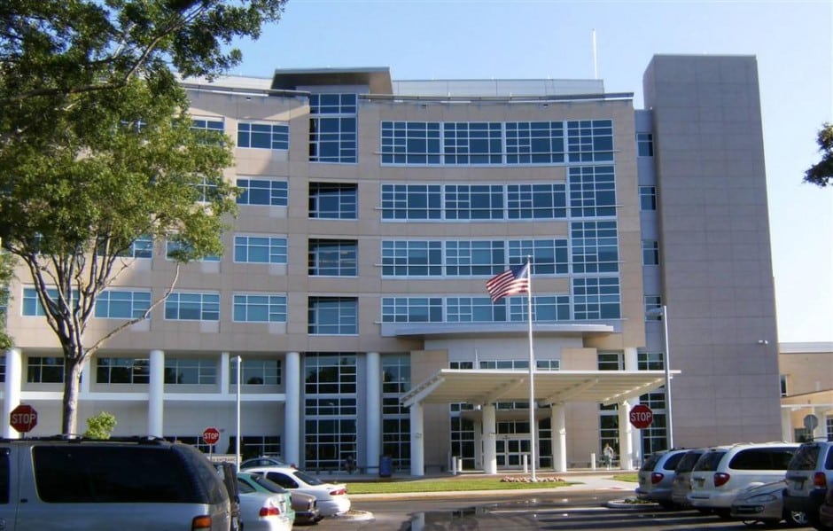 Parrish Medical Center entrance with flag pole