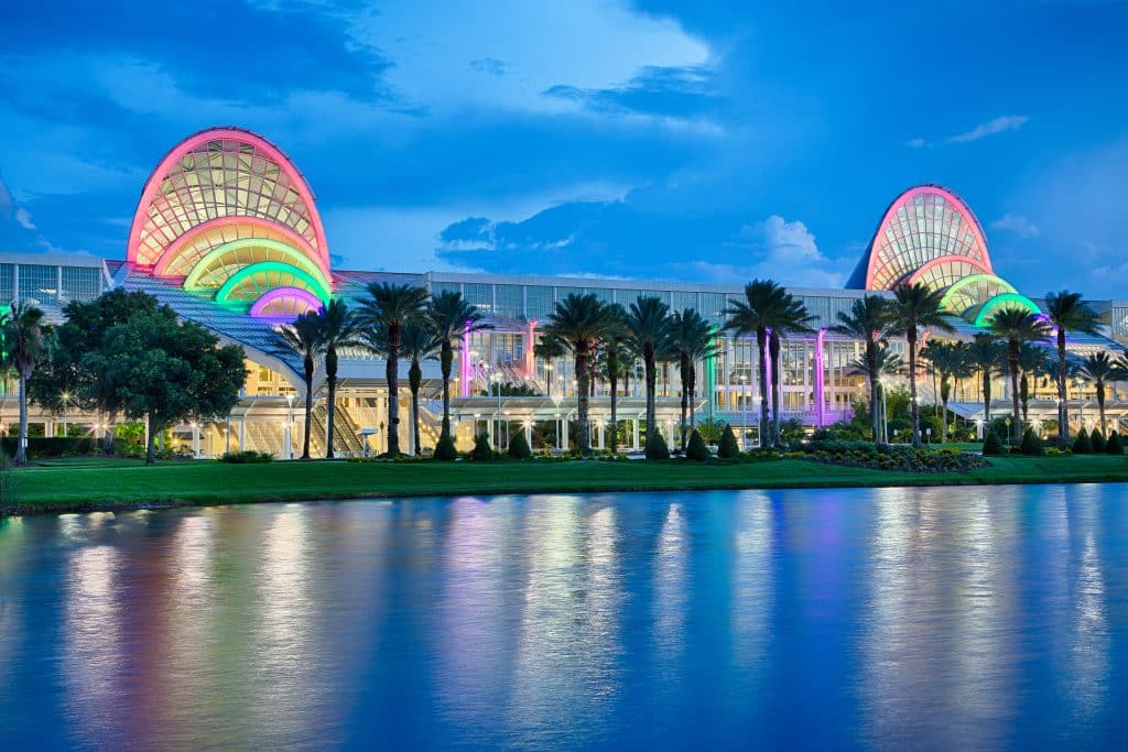 Orange County Convention Center brightly colored in rainbow colors